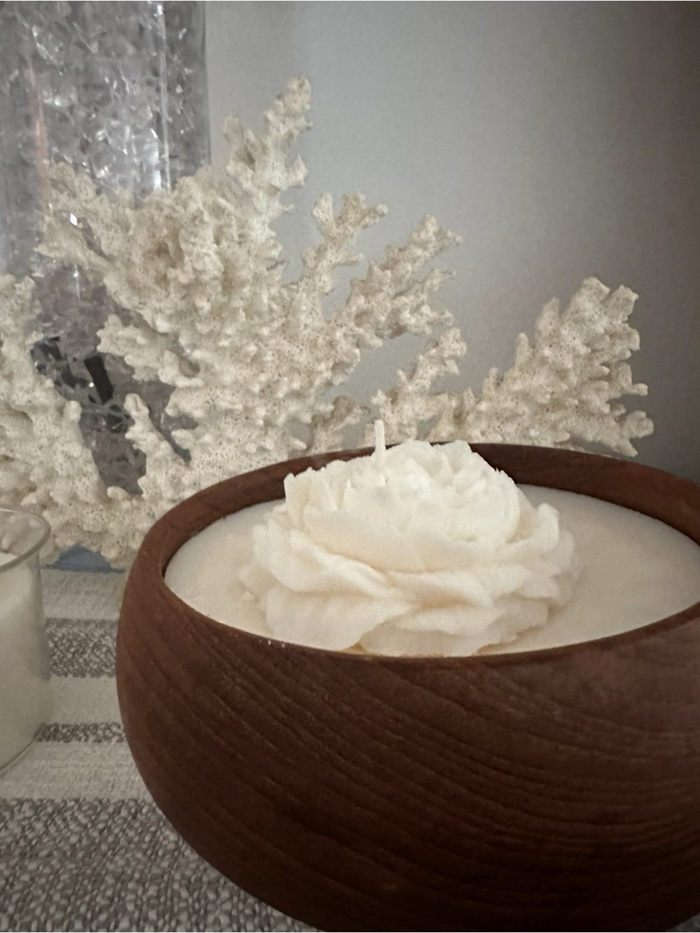 Large Floral Soy Candle in Wood Vessel